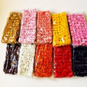 120 fiori di carta di gelso rosa aperti da 20 mm, rose di carta, rosa, giallo, arancione, viola, rosa con steli, forniture per fiori, finto matrimonio fai da te