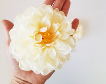3 Silk Dahlias with STEMS, Artificial Chrysanthemums, Ivory Chrysanthemum, Beige Dahlia 4.3" Flower Autumn Wedding Supply, Fall flower heads