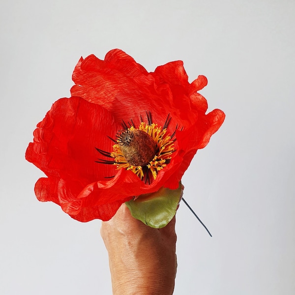 1 Giant Red Poppy Head, Artificial Flowers Silk Poppy Flower Wedding Anemones Supplies Faux Fake Anemone, On Stem, Big Real Touch Large