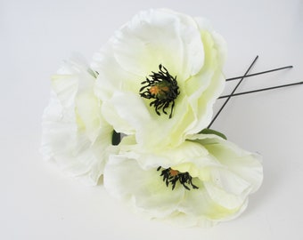 3 White Creamy Poppies Artificial Flowers Silk Poppy 4.3" Flower Wedding Anemones Supplies Faux Fake Anemone Wedding Flowers DIY Flowers