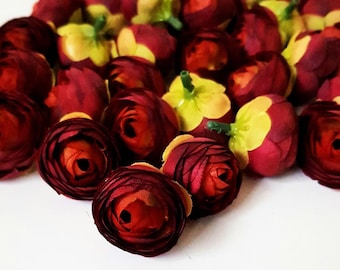 7 Mini Burgundy Ranunculus, Silk Heads Buttercup Ranunculus Artificial Silk Flower 1.2" Floral Hair Accessory Flower Supplies Mini Flowers