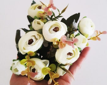 1 Witte Ranonkel Mini Boeket, Zijden Hoofden, Boterbloem, Kunstzijde Bloemen, Bloemen Haar Accessoire Bloembenodigdheden, Stof, Mini Bloemen