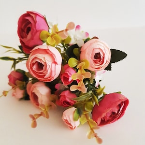 1 roze miniboeket ranonkel, zijden bloembollen, boterbloem, kunstzijdebloemen, bloemenhaaraccessoire, bloemenbenodigdheden, stof, minibloemen