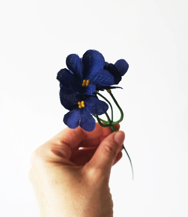 Set of 4 Small Dark Blue Violet Flower Stems, 5 Blossoms per Stem, Filler Artificial Flowers Wedding Decoration, Flower Crown Corsage Wreath image 7