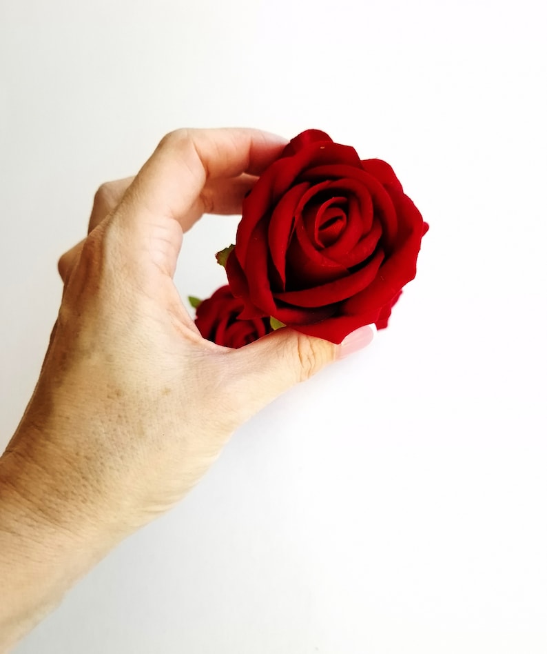 4 Dark Red Velvet Rose, Velour Artificial Roses, Silk Flowers, Silk ...
