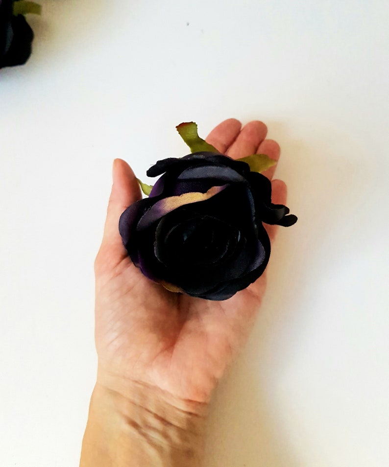 1 Black Purple Rose Blossom - Artificial Silk Flower, Black Rose measuring 3.3" Floral Hair Accessories Flower Supplies Faux Fake Wedding image 6