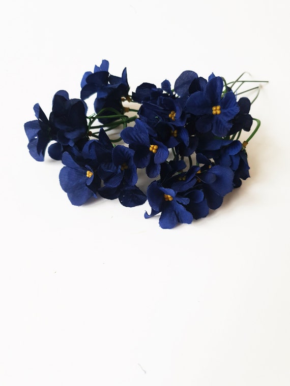 Set of 4 Small Dark Blue Violet Flower Stems, 5 Blossoms per Stem