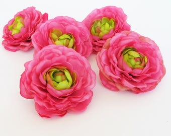 Silk Flowers 3 Ranunculus Flowers Heads Pink Green Artificial Silk Flowers 3.3" Floral Hair Accessories Flower Supplies DIY Wedding