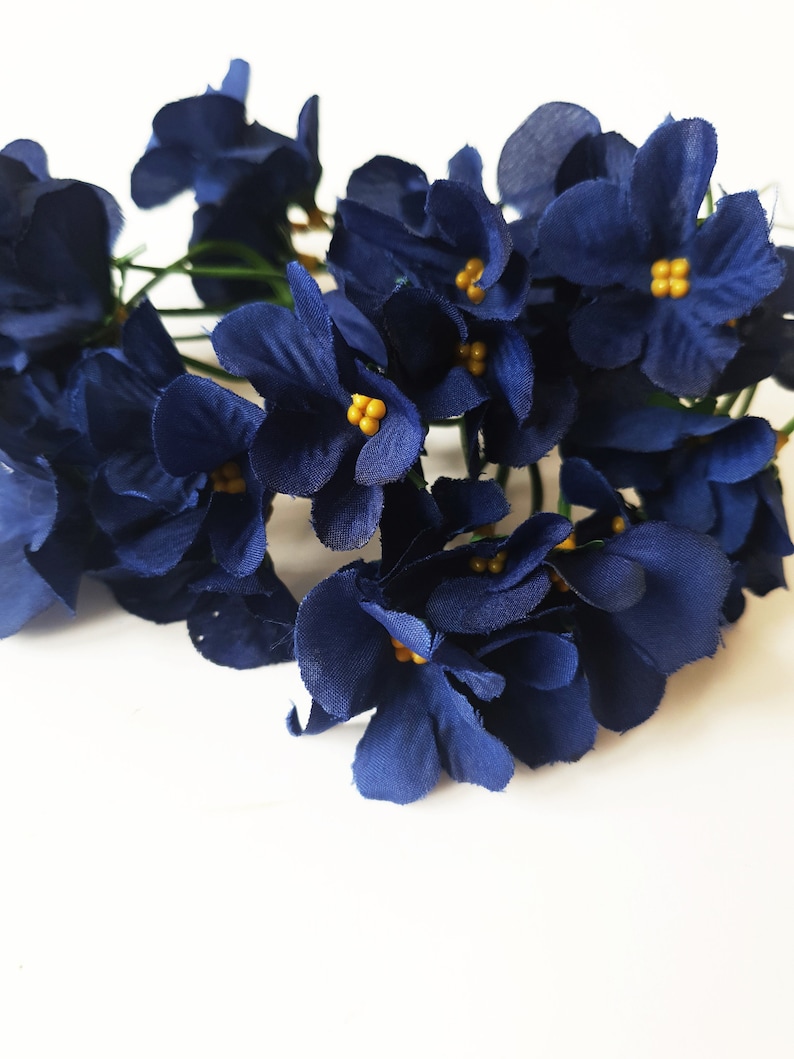 Set of 4 Small Dark Blue Violet Flower Stems, 5 Blossoms per Stem, Filler Artificial Flowers Wedding Decoration, Flower Crown Corsage Wreath image 2