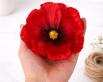 Coquelicot rouge artificiel - Fleur en soie réaliste, Décoration d'intérieur, Commémoration, Composition florale, Tige de fleur rouge