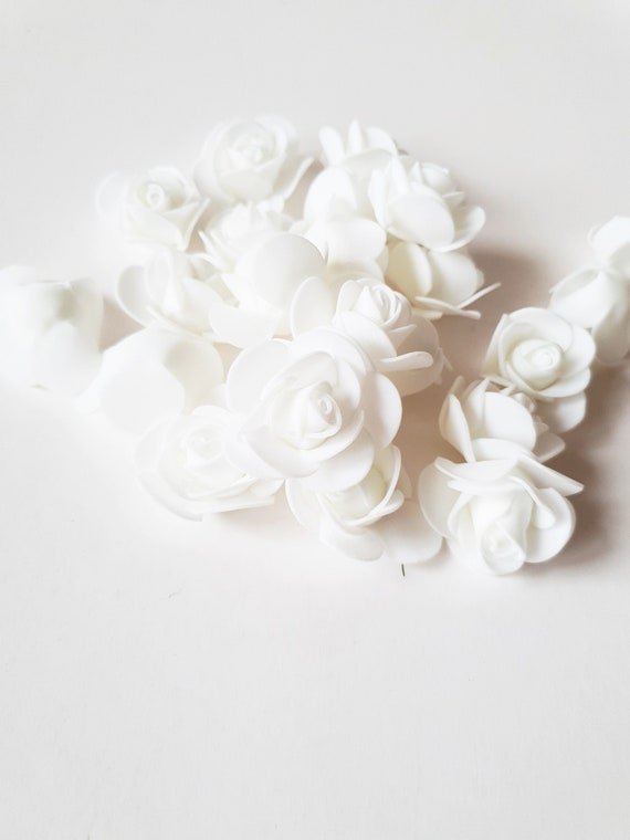 50 Pcs PE White Rose Blossoms - Foam Mini Rose Heads, Mini Artificial Foam Flowers, Wedding Corsage Crown, Festive Party Supplies
