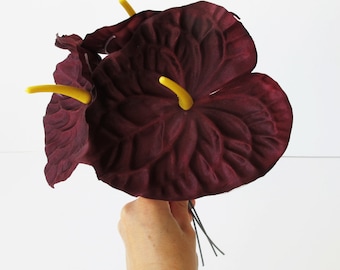1 Dark Burgundy Anthurium, Silk Anthurium, Jumbo Artificial Flowers 5.3" DIY Wedding Home Anthuriums Decor Floral Flower Supplies Fake