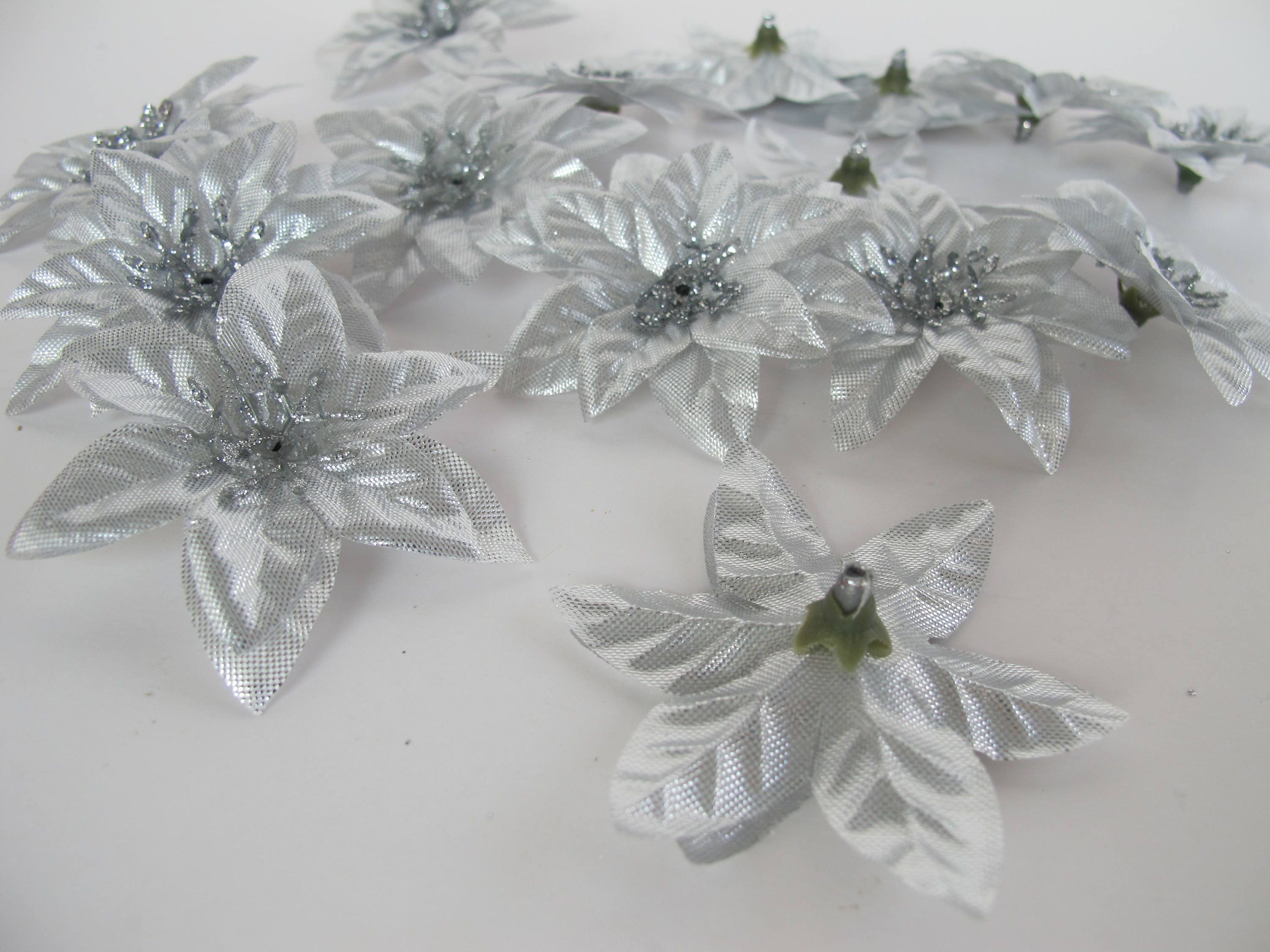 10 Silver Poinsettias Artificial Mini Flowers Grey Color Etsy