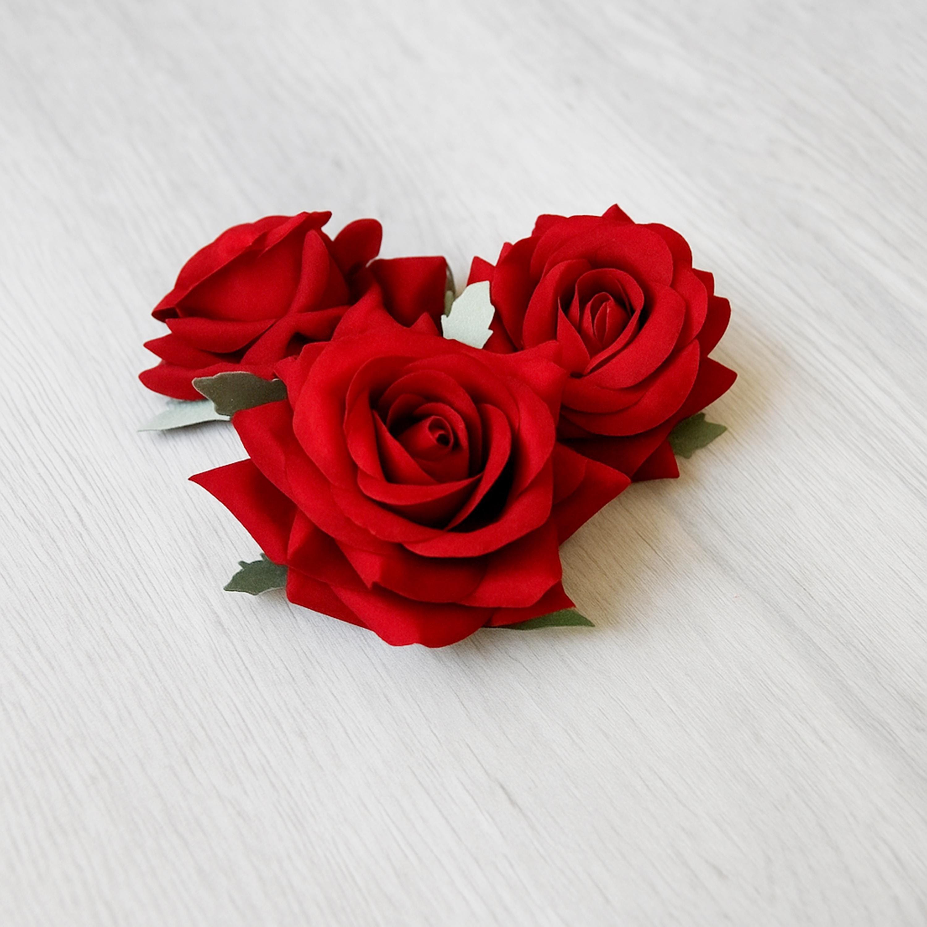 3 Dark Red Velvet Roses - Artificial Roses, Mini Silk Flowers, Silk ...