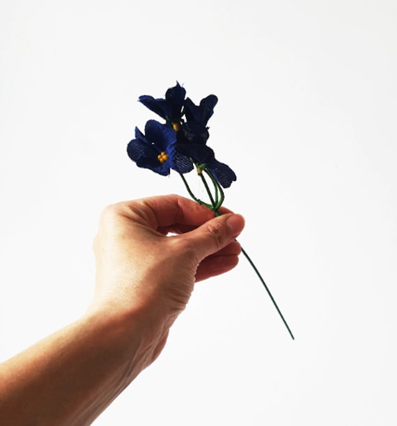 Set of 4 Small Dark Blue Violet Flower Stems, 5 Blossoms per Stem