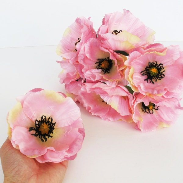1 Pink Poppy, Artificial Flower, Silk Poppy 4.3" Flower Wedding Anemones Supplies Faux Fake Anemone