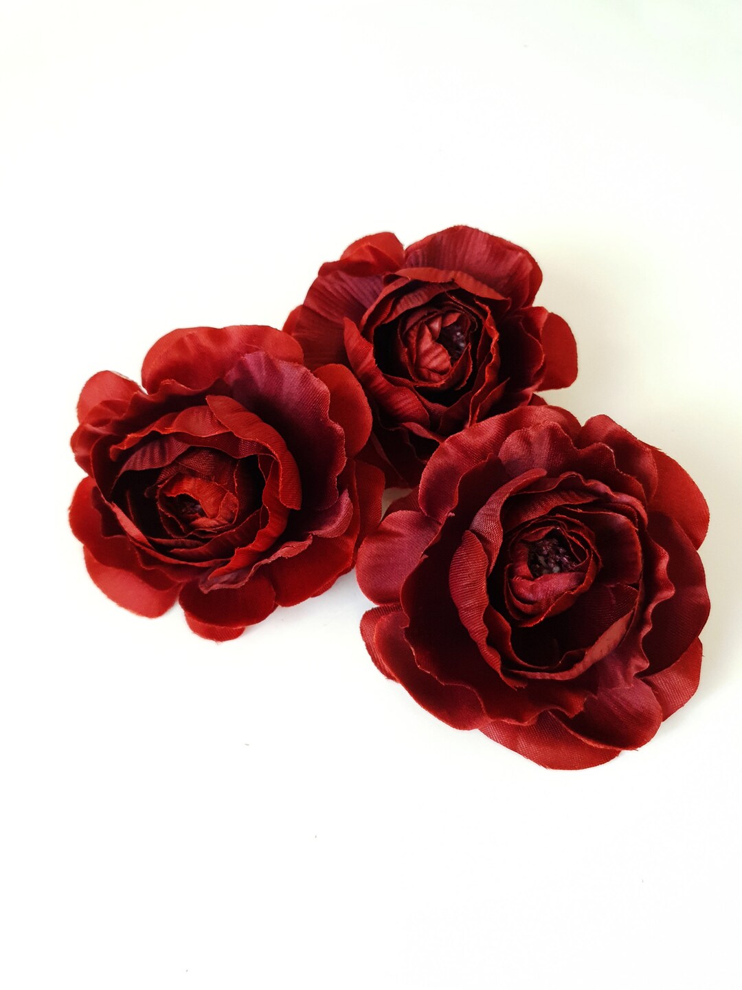 3 Dark Red Ranunculus, Silk Flowers Heads Artificial Burgundy Buttercup
