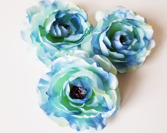 3 Soft Blue Ranunculus, Silk Flowers Heads, Artificial Ranunculus, Artificial Silk Flowers, Floral Hair Accessories Flower Supplies DIY