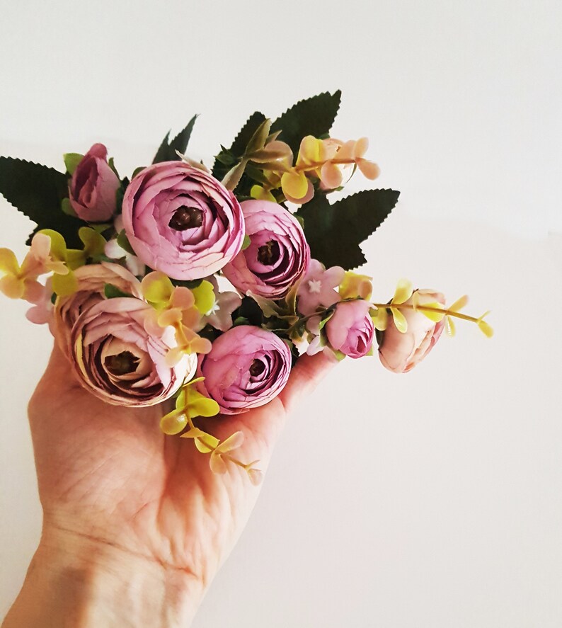 1 Purple Ranunculus Mini Bouquet, Silk Heads, Buttercup Artificial Silk Flowers Floral Hair Accessory, Flower Supplies, Fabric, Mini Flowers image 10