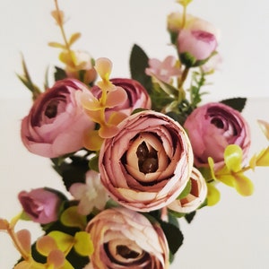 1 paarse ranonkel miniboeket, zijden bollen, boterbloem kunstzijdebloemen bloemen haaraccessoire, bloemenbenodigdheden, stof, minibloemen