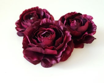 3 Dark Purple Ranunculus, Silk Flowers Heads, Artificial Buttercup, Artificial Silk Flowers, Floral Hair Accessories Flower Supplies DIY