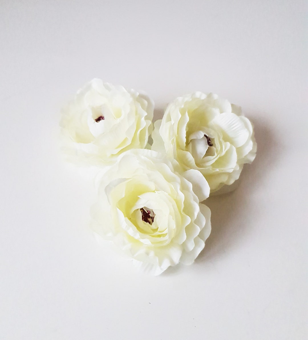 3 White Ranunculus, Silk Flowers Heads, Artificial Ranunculus