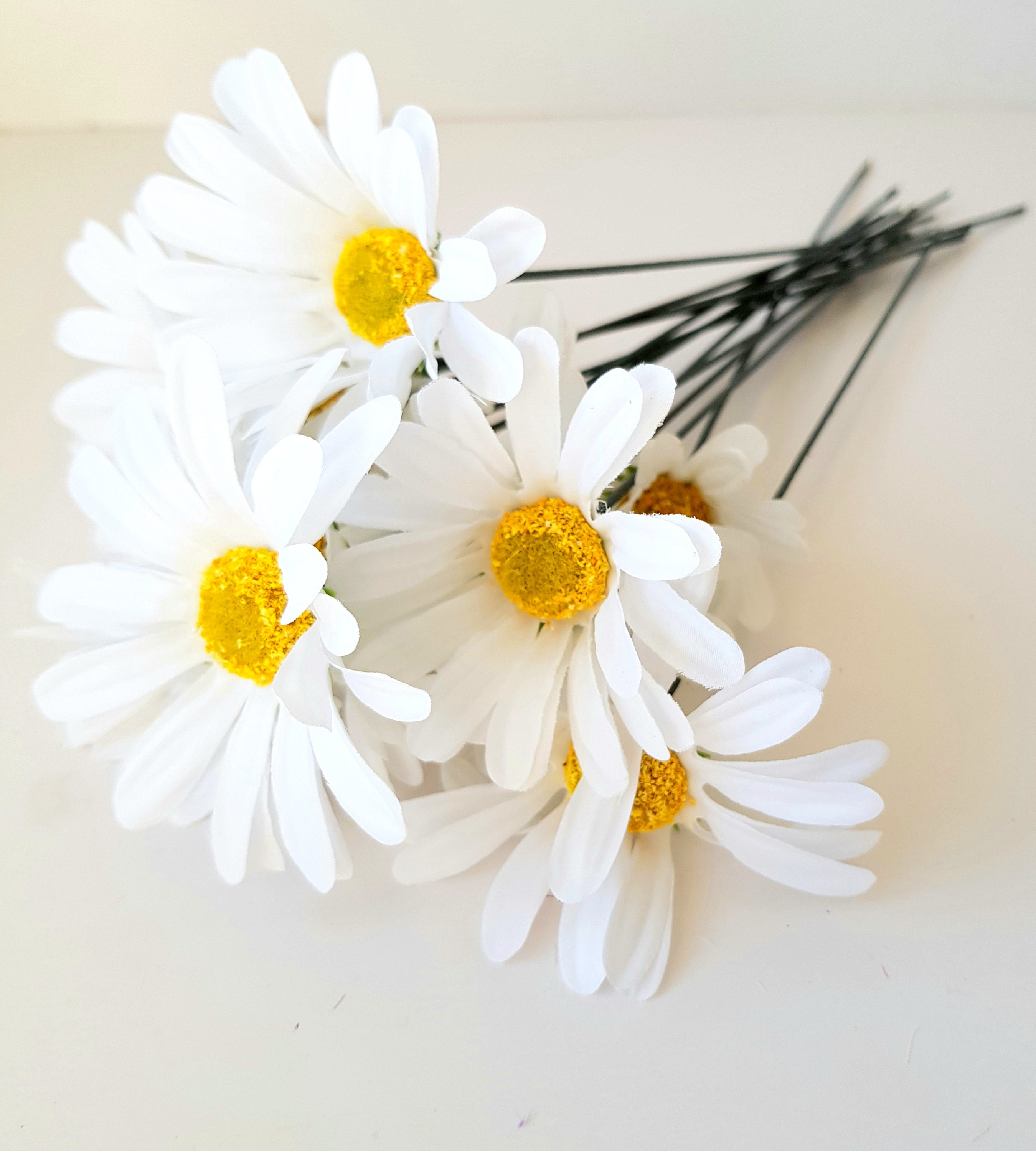 5 White Daisies Silk Flower Heads Artificial Daisy 3.15 Floral