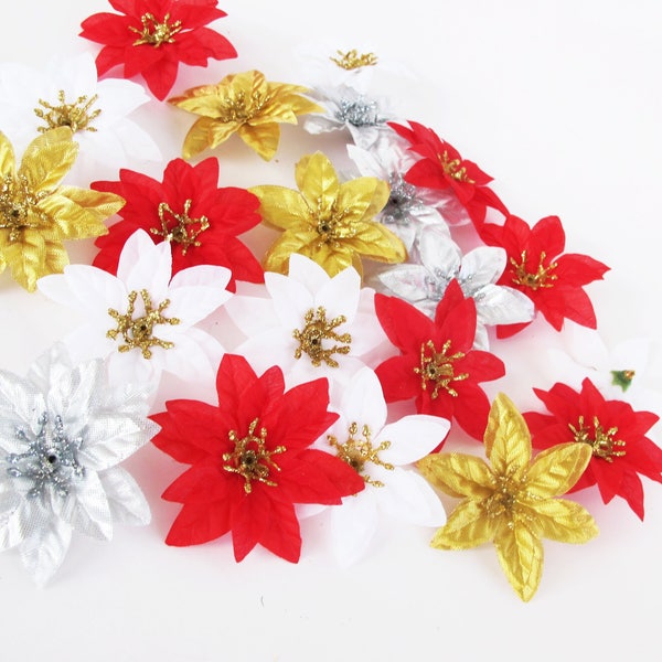 10 Mini Poinsettias Artificial Mini Flowers Red White Gold Silver Flower 2.6" Christmas Xmass Supplies Faux Fake Winter Flowers Shiny