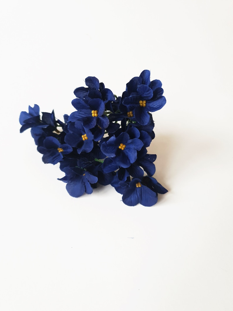 Set of 4 Small Dark Blue Violet Flower Stems, 5 Blossoms per Stem, Filler Artificial Flowers Wedding Decoration, Flower Crown Corsage Wreath image 4
