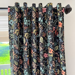 Drapery Panels and Valances in &quot;Rifle Paper Co. Canvas Amalfi Herb Garden Midnight&quot; - Multi Color on Black Background