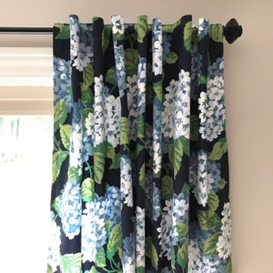 Beautiful Hydrangea Window Treatment Valance or Panels 50&quot; in width by up to 120&quot; in length -  Navy or Black
