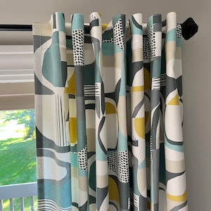 Mid-Century Modern Drapery Panels or Valance in Covington Moyano Spa - Blues, Grays, Yellow
