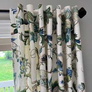 Drapery Panels and Valance in Kaufmann Brissac Linen Blend Fabric in Sapphire - Blues, Greens, Browns
