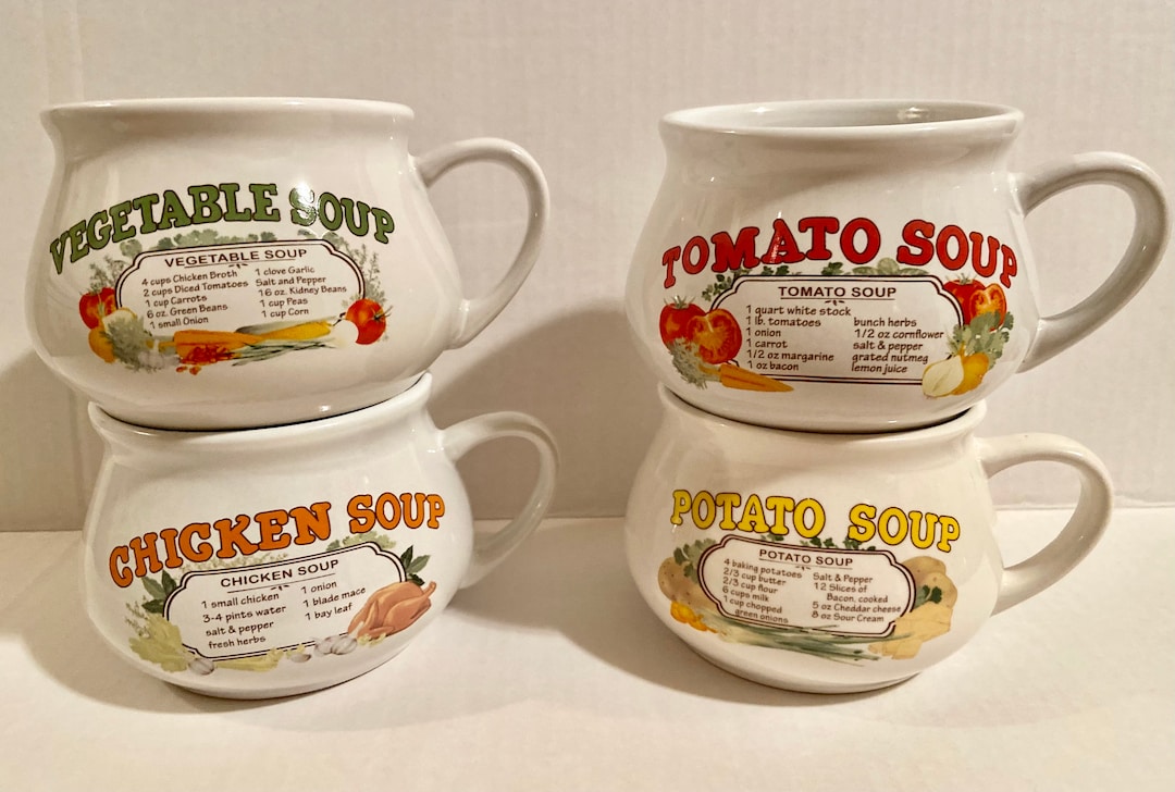 Vintage Soup Mugs With Recipes / Tomato Soup / Potato Soup / Chicken Soup / Vegetable Soup DDJ
