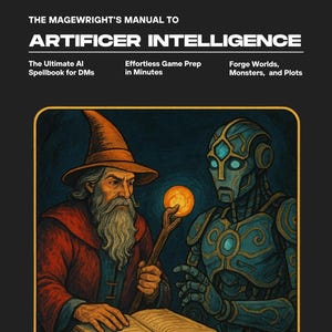 Könnte beinhalten: Buchcover für "The Magewright's Manual to Artificer Intelligence". Das Bild zeigt einen Zauberer in roter Robe und einen Roboter, die beide ein offenes Buch betrachten. Der Text enthält "The Ultimate AI Spellbook for DMs", "Effortless Game Prep in Minutes" und "Forge Worlds, Monsters, and Plots."