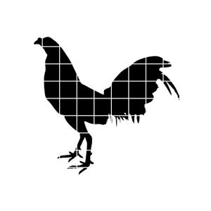 May include: A black rooster silhouette with a white grid pattern overlay. The rooster is depicted in profile, with its head turned slightly upward and its tail feathers fanned out. The image is set against a plain white background.