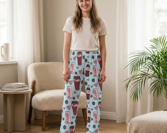 Pantalones de pijama con estampado de refrescos / Latas de cola y corazones estampados por toda la prenda
