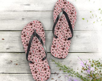 Soda Pattern Flip Flops | Pink Heart Beverage Print