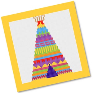 May include: A colorful, pixelated teepee with a purple flap and a yellow, green, red, orange, and blue striped pattern.