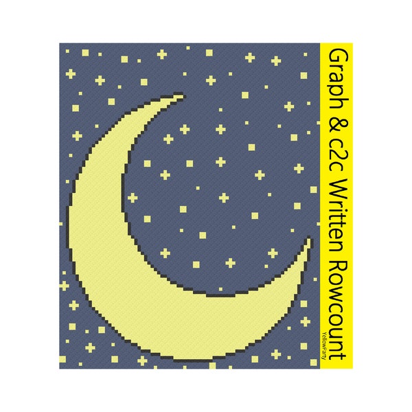 PDF moon and stars blanket C2C crochet pattern, C2C graph, Written row count instructions for C2C, corner to corner, crochet pattern