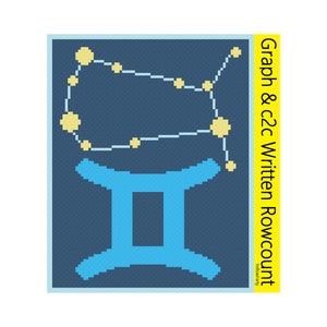 May include: A blue pixel art illustration of the Gemini constellation with the text "Graph & c2c Written Rowcount Yellow-airy" on the right side.