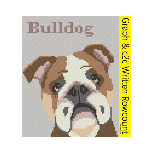 PDF bulldog blanket C2C crochet pattern, C2C graph, Written row count instructions for C2C, corner to corner, crochet pattern