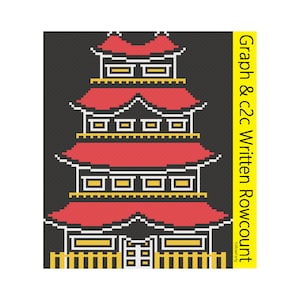 Könnte beinhalten: Ein Pixel-Art-Design einer roten und schwarzen Pagode mit einem gelben Zaun. Der Text "Graph & c2c Written Rowcount" befindet sich auf der rechten Seite des Bildes.