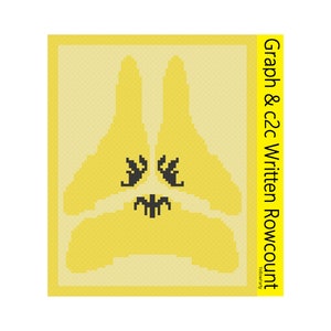 May include: A crochet pattern for a yellow and beige bunny with black eyes and a black mouth. The pattern is called "Graph & c2c Written Rowcount" and is by Yellow-Jarty.
