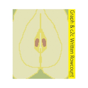 May include: A pixelated image of a pear with a brown stem and seeds. The pear is yellow with a green bottom. The image is labeled "Graph & c2c Written Rowcount Yellow-Jarty".