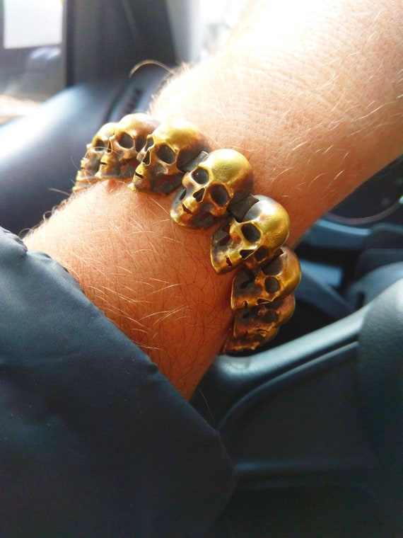 【関税送料込】 Skull & pearl brass bracelet☆☆ Skull Bracelet. Brass Bracelet. Bracelet With Links - Etsy