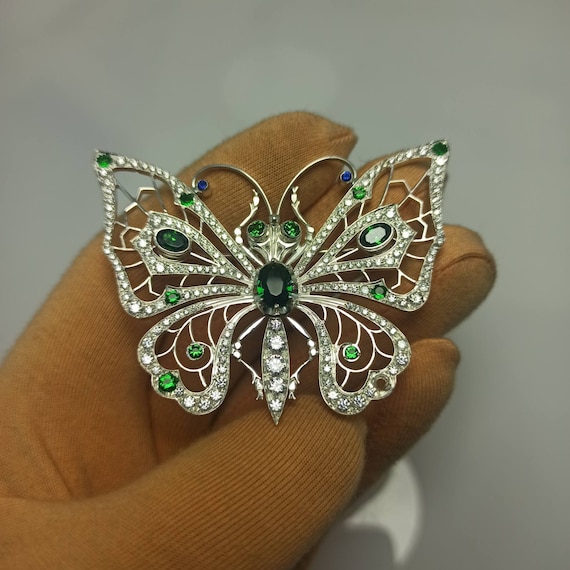 butterfly brooch. silver emerald. nouveau butterfly pin. antique brooch. brooch vintage. butterfly jewelry. sterling silver pin
