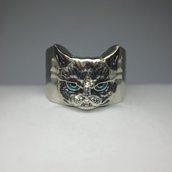 Angry Cat. Sad Cat. Face Silver Animal. Cool Funny Ring 