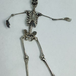 Puede incluir: Una figura de esqueleto de plata con una estructura anat&oacute;mica detallada. El esqueleto est&aacute; en posici&oacute;n de pie con los brazos extendidos y las piernas ligeramente dobladas.