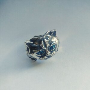 Könnte beinhalten: Ein silberner Ring mit einem detaillierten Katzenkopfdesign. Die Katze hat blaue Augen und einen leicht mürrischen Ausdruck.